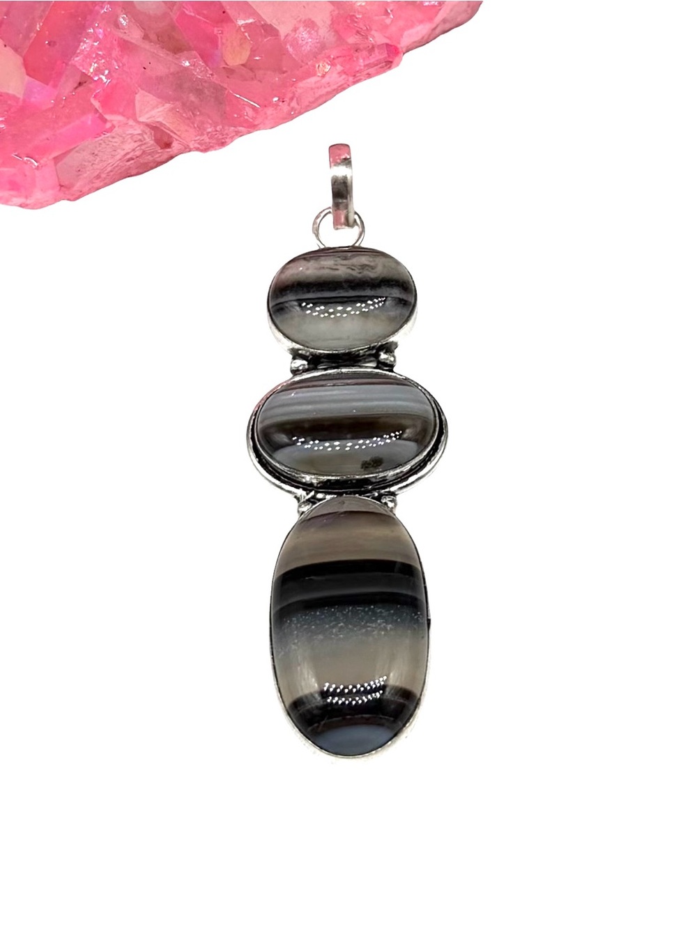 Black Botswana Agate Necklace Pendant 925 Sterling Silver Overlay